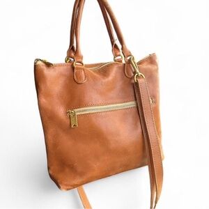 Sseko Cognac Genuine Leather Shoulder Tote with Gold Hardware & Crossbody Strap